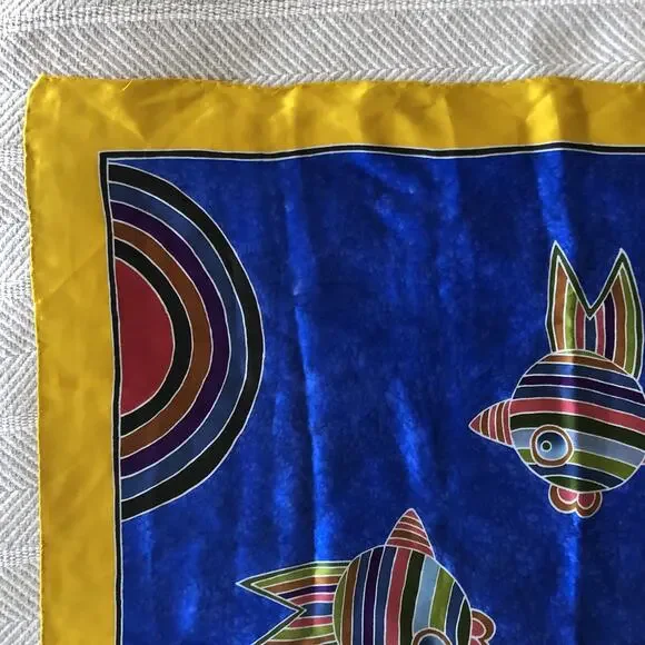 Rainbow Fish Silk Scarf Batik Rolled Edge Poncet Yellow Blue Red Green 31.5" NEW - Picture 4 of 11